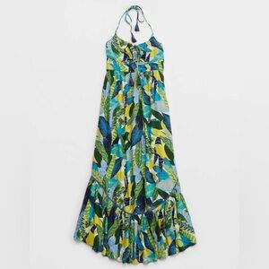 NWT Women's Small Aerie Paradise Palm Green Blue Halter Cutout Maxi Dress